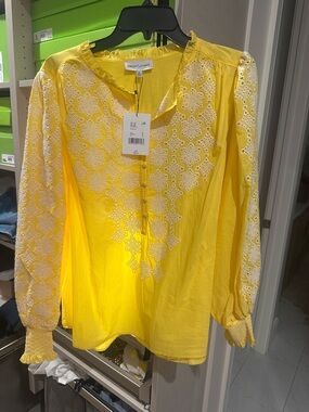 Gibson Latimer Bright Yellow Embroidered Split-Neck Blouse